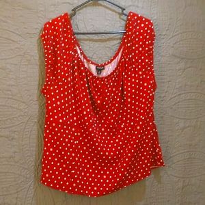 RED POLKA DOT STRETCH CHALLIS OFF SHOULDER BLOUSE